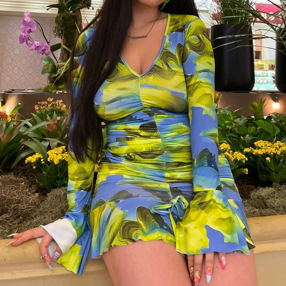 NWT PrettyLittleThing groovy green and blue 70s ruched mini dress